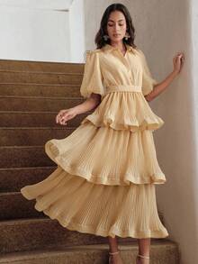 Anewsta Robe de vacances, chemise à manches pétales d'été col chemisier jupe plissée gâteau, robe longue kaki à ourlet volumineux fortement ornée col plissé bouffant gâteau - Kaki - Voir 7
