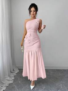 Modelyn 3D Blumen Gelb Chiffon Patchwork Kleid für Frauen - Pink - Übersicht 3
