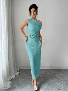 Modelyn Đầm không tay họa tiết kim loại trang trí dành cho nữ - Màu xanh lam - Xem 4