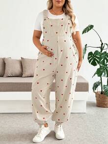 SHEIN Plus Size Maternity Heart Pattern Casual Wide Leg Jumpsuit Vacation Outfits Work Outfits - Apricot - View 3
