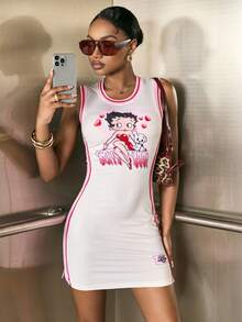 Betty Boop x SHEIN 女士卡通印花吊带迷你连衣裙 - - 杏色 - 查看 4