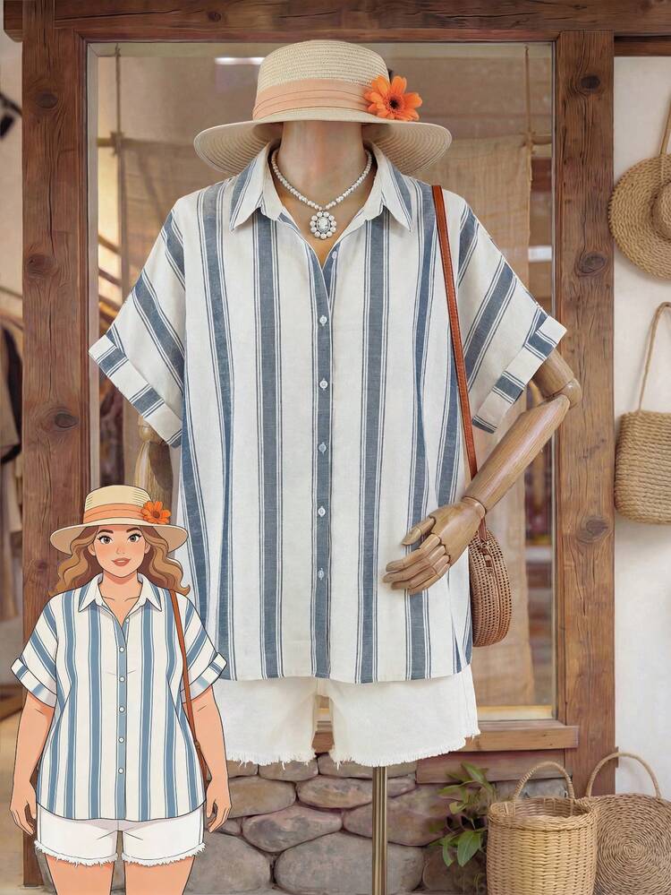 Plus Size Women Striped Short Sleeve Single-Breasted Casual Shirt Casual Blouse For Women Vacation Outfits Women Female Country Look Summer Holiday Outfits Summer Outfits For Women Coastal Outfits Women