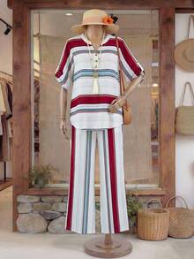 Rusticease Plus Size Women Striped Button Half Placket Roll Up Sleeve Shirt And Pants Casual 2 Pieces Set Female Country Look Vacation Outfits For Women  Summer Holiday Outfits Summer Outfits For Women Cruise Outfit For Women Resort Wear Two Piece Set Pyjamas Set Women Two Piece Outfits For Women Sets Retro Outfit For Women Set - Multicolor - View 13