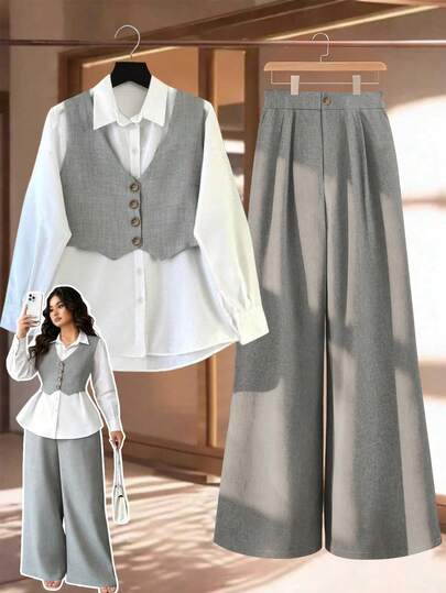 GlowEve CURVE 大码女装春秋休闲办公室通勤时尚二合一衬衫和阔腿裤套装