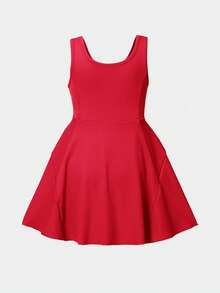 SHEIN Young Girl Solid Color Crew Neck Sleeveless Fitted Casual Dress Sportswear - Red - View 2