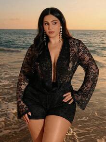 SHEIN BAE Plus Size Women's Lace Plunging Neckline Romper,Black Autumn Elegant Jumpsuit For Wedding Guest,Party,Vacation,Holiday,Music Festival Outfits - Black - View 2