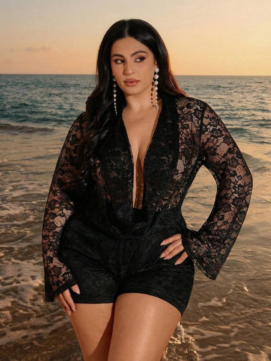 SHEIN BAE Plus Size Women's Lace Plunging Neckline Romper,Black Autumn Elegant Jumpsuit For Wedding Guest,Party,Vacation,Holiday,Music Festival Outfits