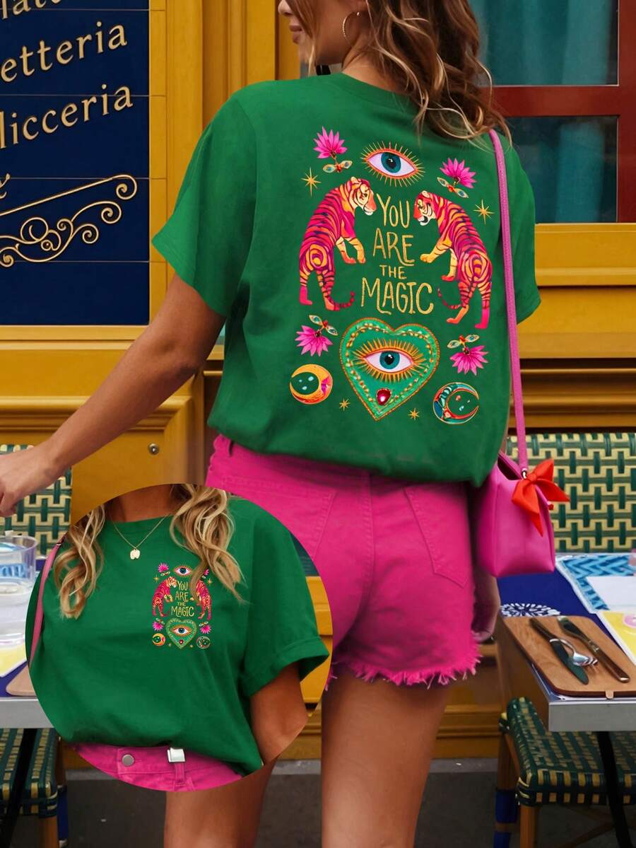 DrmWander 女士T恤，休闲街头风印花短袖T恤，可爱夏季上衣 - 綠色 - 查看 1