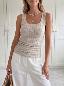 SHEIN LUNE 家庭装女士修身舒适背心，四季皆宜 - 杏色 - 查看 4