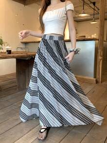 DAZY 优雅飘逸宽松宽下摆拼接格纹面料女裙，春夏款 - 棕色 - 查看 5