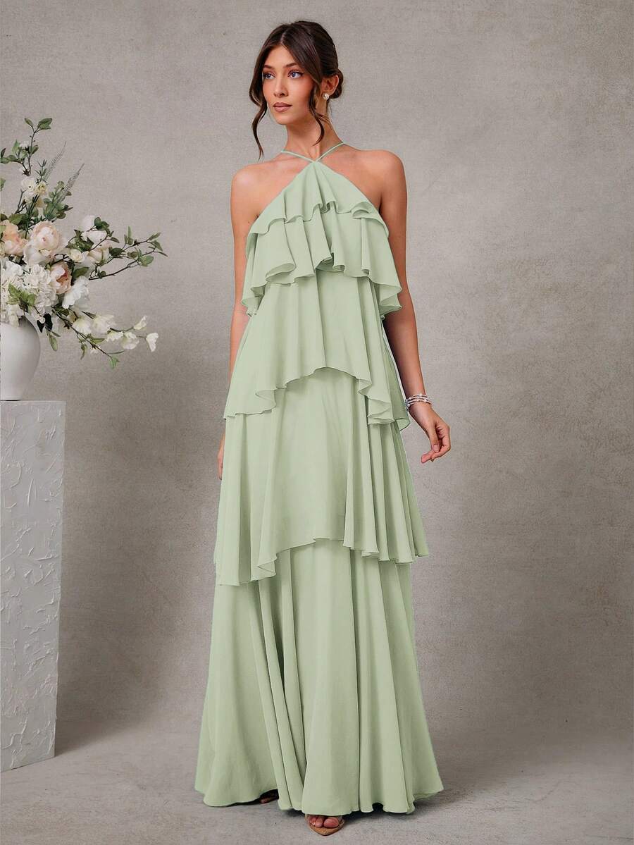 L'Amorae Elegant Romantic Wedding Guest Solid Halter Tiered Chiffon Maxi Dress - Green - View 1