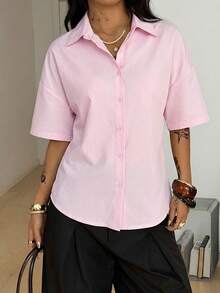 Coolane 女士春夏街头风返校复古学院风商务休闲办公装基本款时尚吊带褶皱白色宽松修身衬衫 - 淺粉色 - 查看 5