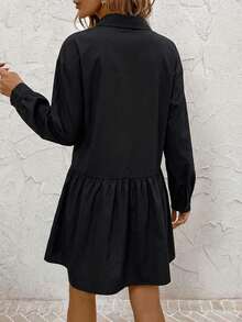 RueChic Pearls Beaded Ruffle Hem Smock Dress Teachers' Day Office Brunch Black Autumn Casual - Black - View 2