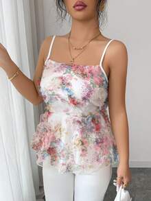 SHEIN Elenzya Women's Elegant Sexy Vacation Style Mesh Fabric Pleated Ruffle Waist A-Line Camisole, Spring/Summer Golf White - Pink - View 3