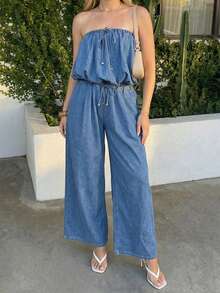 Sunnyshic Women's Knotted Ruched Bandeau Top And Pocket Wide Leg Jeans Casual Vacation Outfit - Blue - View 6