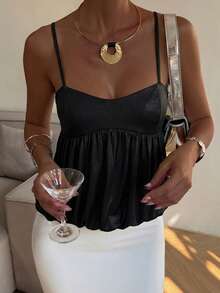 Livesso 女士黑色亮面吊带背心 - 黑色 - 查看 1