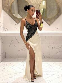 Slaydiva Lễ hội âm nhạc Xuân Hè mới, Ngày Valentine, Lễ Phục Sinh, Mùa cưới, Mùa lễ hội, Kỳ nghỉ biển, Thường ngày, Thanh lịch, Đi làm, Mặc hàng ngày, Trang phục công sở, Kỳ nghỉ, Tiệc tùng, Du thuyền, Tiệc tùng, Cơ bản, Hẹn hò hàng ngày, Y2K, Dây đeo cổ gợi cảm, Cổ chữ V, Viền ren đen, Xẻ tà cao đến đùi, Vải satin bóng, Váy màu mơ, Váy dài nữ -A - Màu be - Xem 3