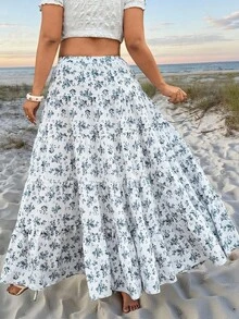Sunnyshic Große Größen Blau Blumen Muster Casual Vielseitig Elegant Rock, Frühling/Sommer Y2k Midi Rock Zwei Teile mit Rock Damen Sommer Outfits Röcke für Damen Zwei Teile Brunch Outfits für Damen - Babyblau - Übersicht 2
