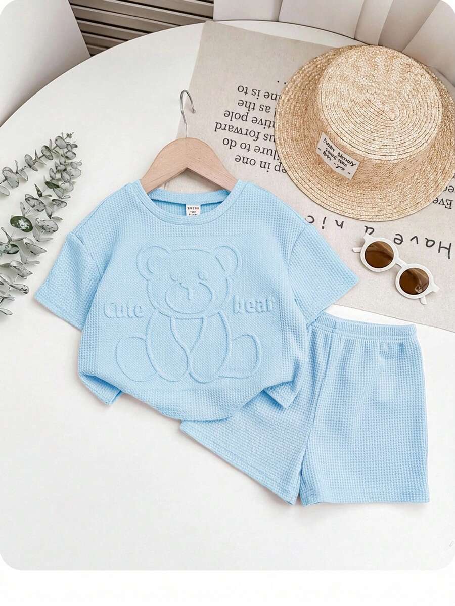 SHEIN Babygirl Cute 3D Cartoon Pattern Embossed Short Sleeve Top And Elastic Waist Shorts Set - Baby Blue - View 1