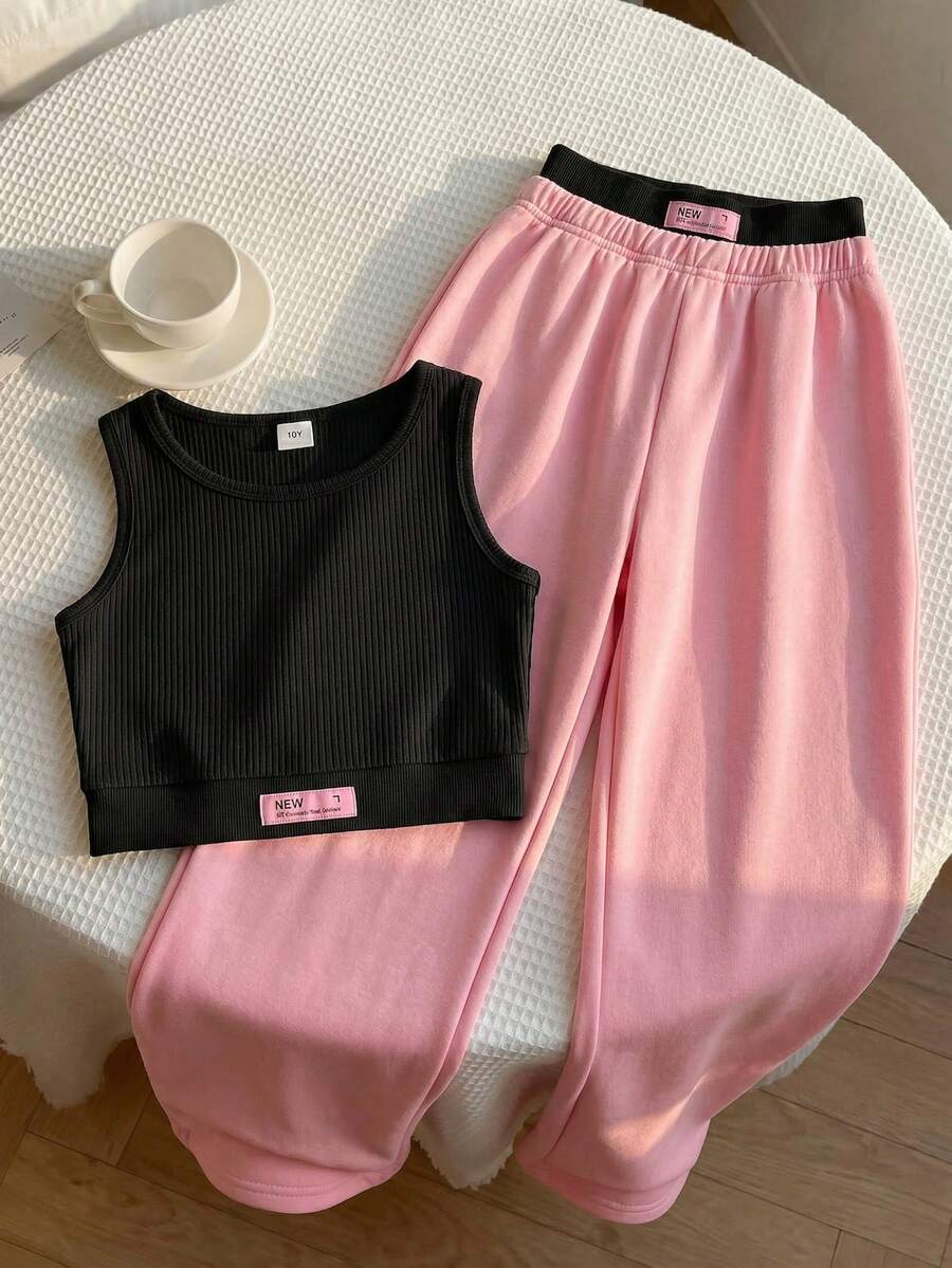 SHEIN 青少年女孩 2件組字母刺繡背心上衣與寬腿運動長褲,粉色夏季休閒度假運動風聚會套裝 - 黑色 - 查看 1