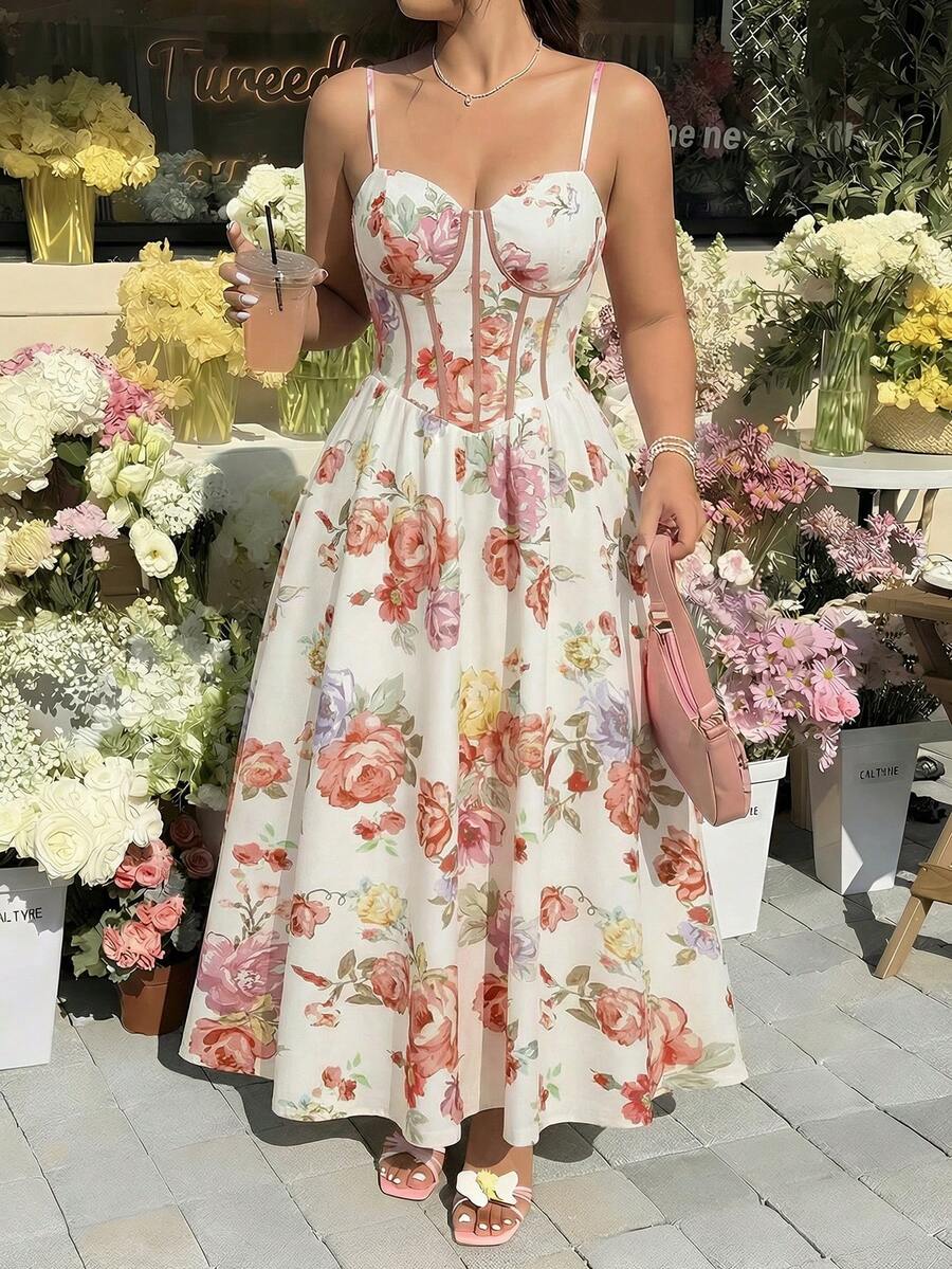 SHEIN MOD 大码女士无袖中长连衣裙，花卉人字纹图案，春夏款，情人节连衣裙，优雅派对连衣裙，下午茶连衣裙，复古连衣裙，伴娘礼服，婚礼及活动连衣裙，女士生日连衣裙，度假连衣裙，碎花连衣裙，束身连衣裙，夏季连衣裙，花园派对连衣裙，田园风连衣裙，春季连衣裙 - 彩色 - 查看 1