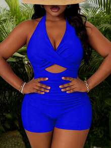 Slaydiva Plus Size Women's Fuchsia Deep V Neck Hollow Out Ruched One-Piece Swimsuit, Beach Holiday - Royal Blue - View 5
