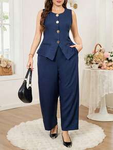 SHEIN Clasi Bộ đồ công sở thanh lịch cỡ lớn, màu trơn gồm áo vest và quần, 2 món, thích hợp cho mùa hè. - Màu xanh lam - Xem 7