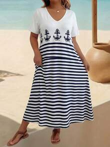 EMERY ROSE 大码V领短袖印花优雅宽松连衣裙，感恩节女士长款套装 - 彩色 - 查看 3