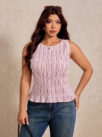 Elaquor Plus Size Summer Casual Striped Slim Fit Tank Top Plus Size Tops For Women Plus Size Tops Summer Plus Size Tops For Women Tummy Hide Plus Size Womens Clothing Sleeveless Tops