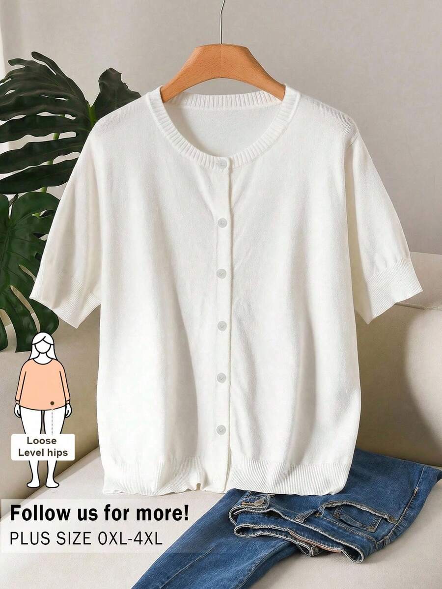 CosyJoli Plus Size Women Solid Color Short Sleeve Single-Breasted Casual Knit Cardigan - White - View 1