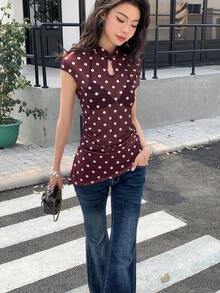 EastFlair Áo kiểu nữ tay ngắn in chấm bi, chất liệu mỏng, gợi cảm. - Cà phê nâu - Xem 11