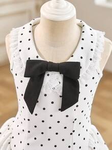 SHEIN Young Girl White Summer Elegant Polka Dot Print Flower Girl Dress,Round Neck Ruffle Trim Bow Decor A-Line Princess Dress For Party,Birthday,Vacation - Multicolor - View 7