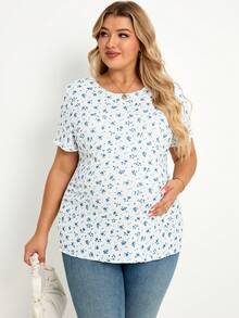Plussiva Plus-Size Maternity T-Shirt For Summer, Light Blue Floral Pattern, Highly Elastic, Comfortable And Casual, Suitable For Pregnant Women - Blue and White - View 3