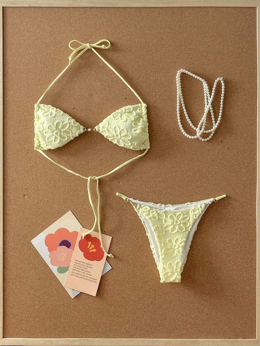 Swim Mod Bộ bikini gợi cảm buộc dây cổ, họa tiết hoa, dành cho nữ, thích hợp mặc đi biển mùa hè. - Màu vàng - Xem 1