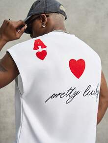 PAVTROS Men's Letter & Playing Card Graphic Round Neck Casual Tank Top,Men's Summer Street Style Sleeveless Top, INS Fashion High Street Poker Letter Heart 3D Embroidery White Tank, Oversized Graphic Loose Fit, Y2K Rock Aesthetic, Perfect For Music Festivals And Couples, Ideal Gift For Boyfriend Or Husband Graphic Tops Heart Shape Top Funny Tops Personalised Shirt Shirt Crop - White - View 6