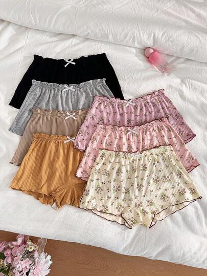 PetitDoll Bộ 7 quần lót cỡ lớn, chất liệu gân, họa tiết hoa nhí, viền bèo nhún.