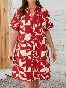 EMERY ROSE Vestido de verano de manga corta con cuello en V y estampado geométrico para mujer de talla grande - Burdeos - Ver 1