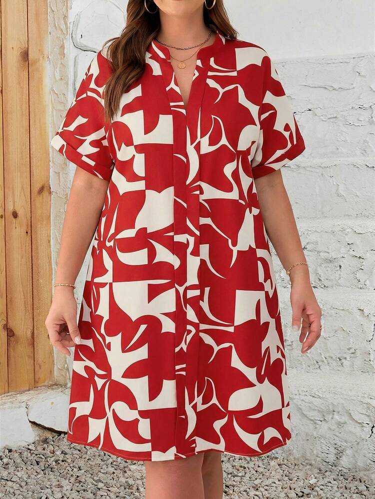 Plus Size Women Geometric Pattern Short Sleeve V-Neck Dress, Summer