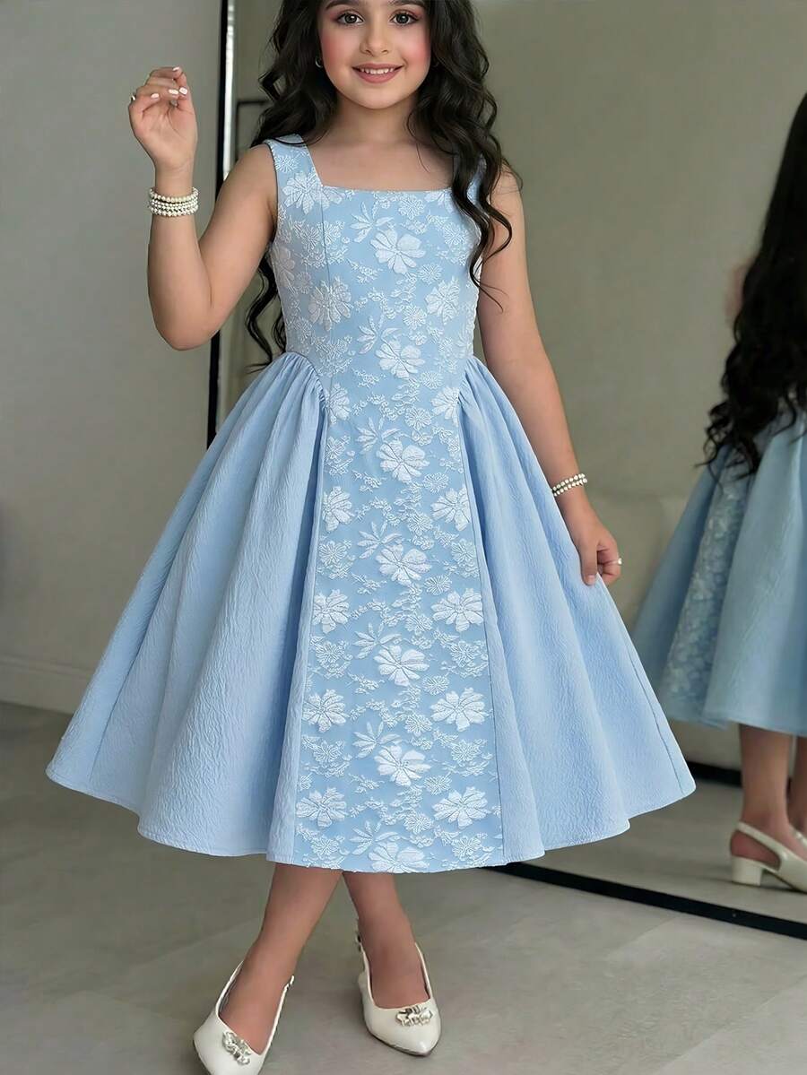 SHEIN Đầm bé gái tuổi teen mùa xuân/hè kiểu dáng thanh lịch, cổ điển, phối vải jacquard, cổ vuông, thắt eo, thích hợp cho cuối tuần, đi chơi, dạ hội tốt nghiệp, tiệc vườn, mùa cưới, tiệc sinh nhật, đầm màu xanh dương. - Màu xanh lam - Xem 1