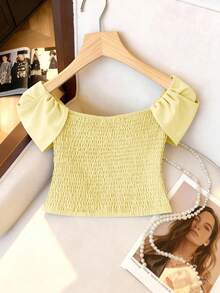 Endroma Áo croptop nữ kiểu Pháp thanh lịch màu xanh dương với thiết kế xếp ly, thắt eo, tôn dáng, thời trang, cao cấp, sang trọng cho mùa hè. - Màu vàng - Xem 2