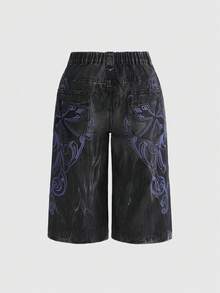 Plus Size Retro Street Style Back Pocket Floral Embroidery Pattern Loose Denim Capri Shorts - Blue - View 1