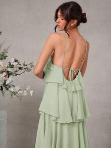 L'Amorae Elegant Romantic Wedding Guest Solid Halter Tiered Chiffon Maxi Dress - Green - View 3