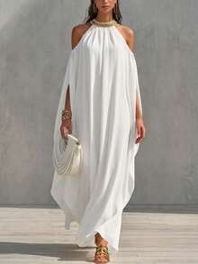 Balvessa 女士露肩金色亮片刺绣装饰V领开衩长袖连衣裙 - 白色 - 查看 1