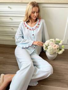 Snug Reverie Women's Ruffled Long Sleeve Pajama Set With Floral Decor, Suitable For Romantic Holidays, Spring & Autumn - Baby Blue - View 6