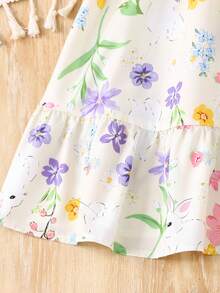 SHEIN 小女孩可爱夏季时尚度假黄色碎花兔子图案荷叶边蝴蝶结袖连衣裙，休闲百搭时尚女童日常穿着连衣裙，春夏度假风 - 黃色 - 查看 4