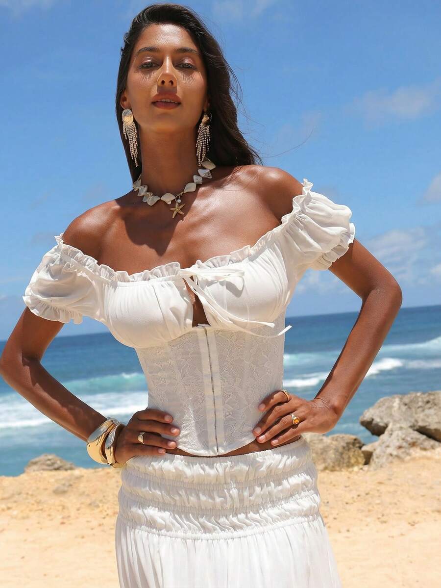 Opulessa Women's Chiffon Off Shoulder Blouse, Suitable For Spring/Summer Vacation, Festival Party Beach Wedding Graduation Elegant Luxury Formal Country Concert Outfit - White - View 1