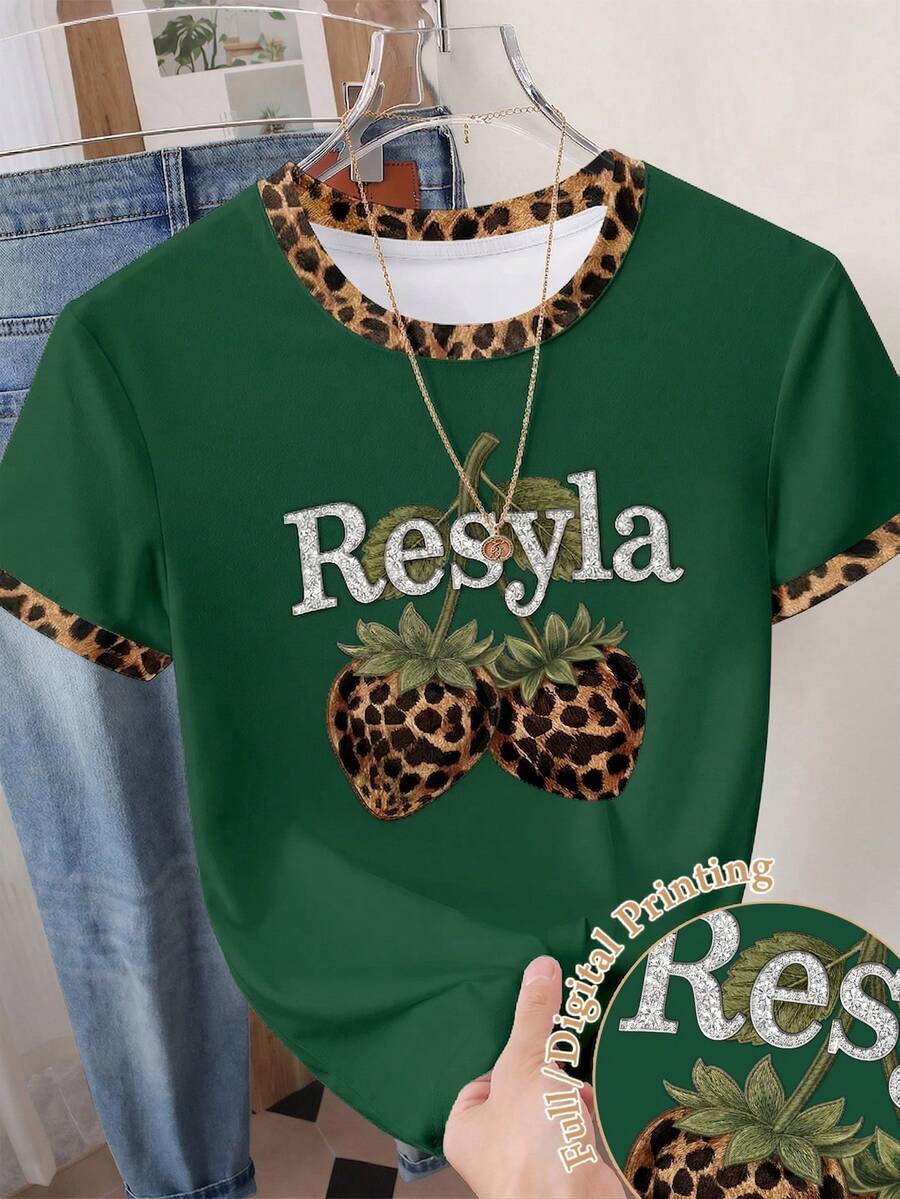 Resyla 女士豹纹草莓图案圆领短袖休闲T恤 - 墨綠色 - 查看 1