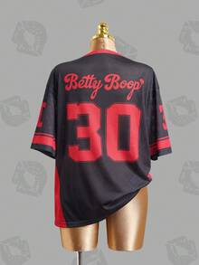 Betty Boop x SHEIN Áo thun nữ cổ chữ V tay ngắn dáng rộng thoải mái - màu đen - Xem 2