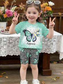 女童圆领短袖蝴蝶印花休闲T恤套装，夏季 - 彩色 - 查看 4