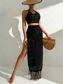 SHEIN Swim 女士优雅露背系带罩衫搭配高开衩流苏装饰裙两件套，适合海滩度假 - 黑色 - 查看 5